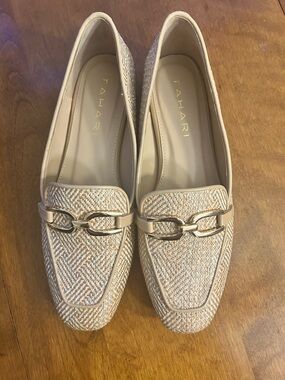 Tahari Women's Beige Tweed Loafers with Gold Chain Detail